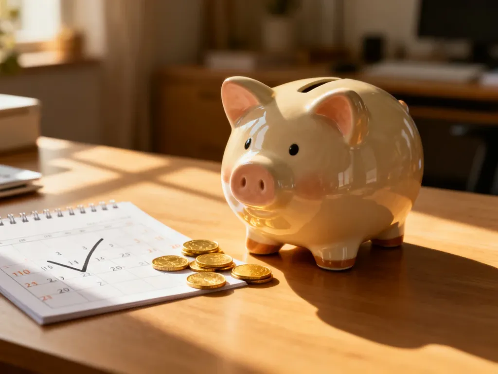Ceramiczna świnka skarbonka, monety i kalendarz z zaznaczoną datą symbolizujące planowanie finansowe i świadczenie 500 plus.