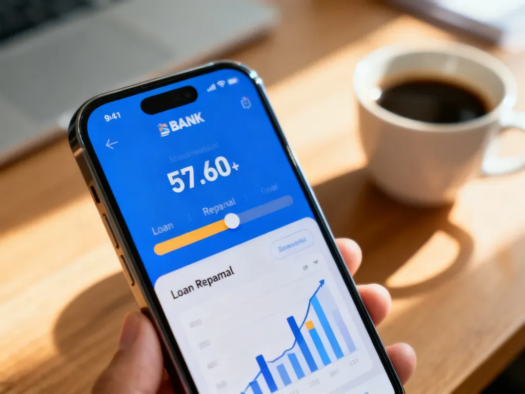 Ekran smartfona z aplikacją bankową pokazującą postępy w spłacie kredytu oraz wykresy finansowe na tle biurka.