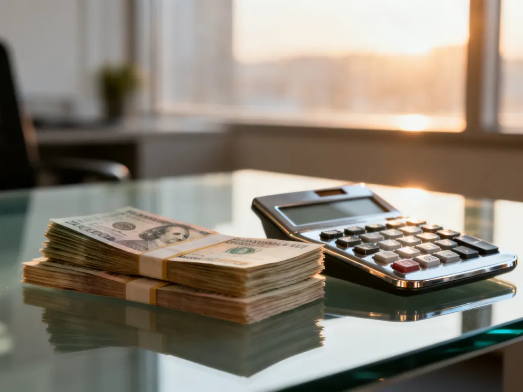 Stos pieniędzy i kalkulator na biurku, symbolizujące planowanie finansowe i zaciąganie kredytu gotówkowego.