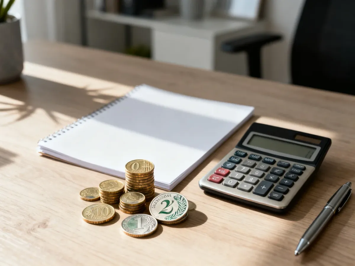 Kalkulator, monety oraz notatnik na biurku, symbolizujące planowanie finansów i obliczanie świadczeń pieniężnych.