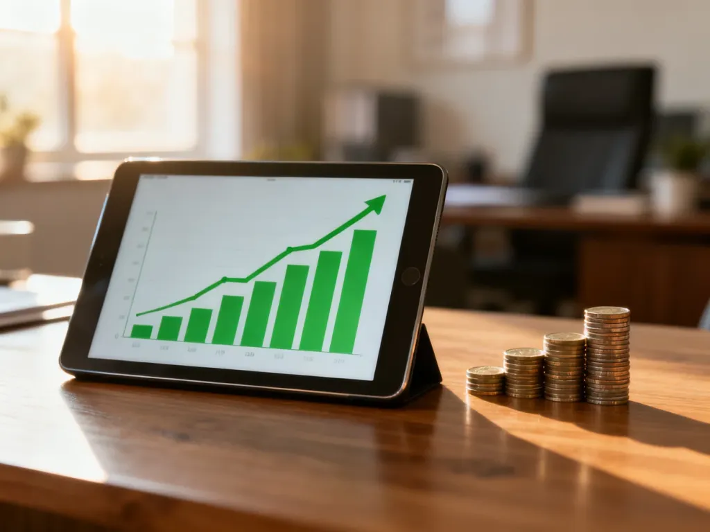 Tablet z wykresem wzrostu finansowego i stos monet na biurku, symbolizujące oczekiwanie na zwrot podatku.