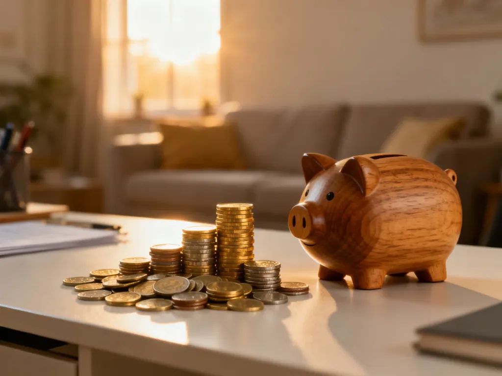 Stos monet i drewniana świnka skarbonka na biurku, symbolizujące stabilność finansową i wsparcie rodziny.