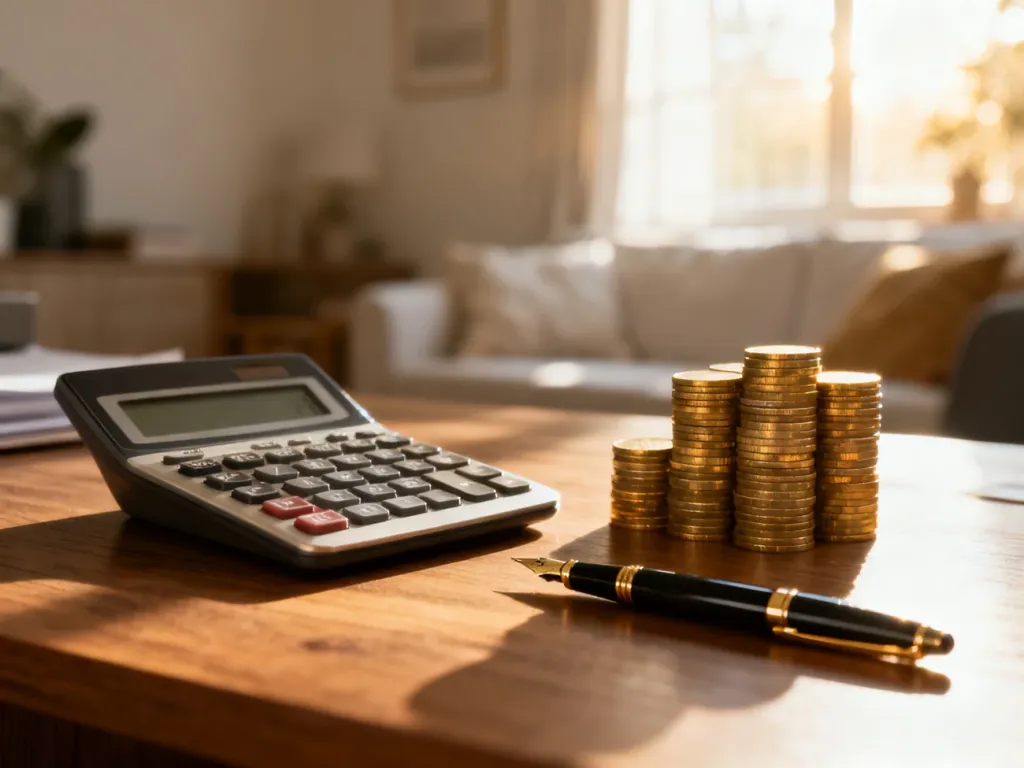 Kalkulator, pióro i monety na biurku w przytulnym wnętrzu, symbolizujące planowanie finansów i kredyt hipoteczny.