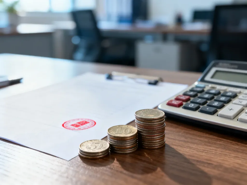 Stos pieniędzy, kalkulator i dokument na biurku, symbolizujące analizę finansową i proces ubiegania się o kredyt.