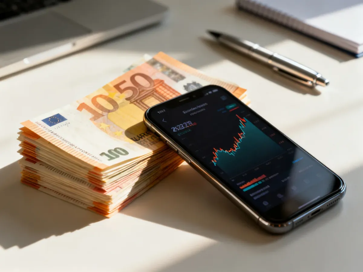 Stos banknotów euro obok smartfona z wykresem kursów walut na biurku, ilustrujący przelicznik walut.